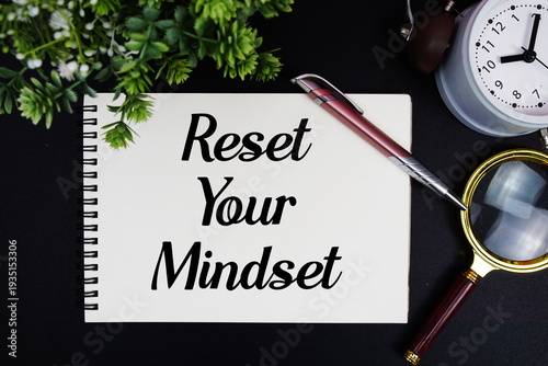Принти на полотні Reset Your Mindset text with alarm clock and magnifying glass