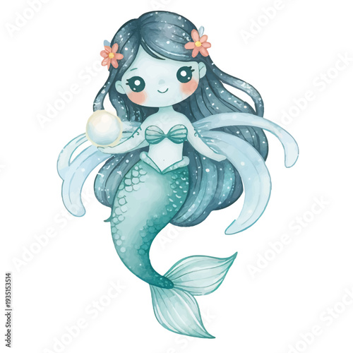 Cute little mermaid princess with a magic wand and fish in cartoon vector illustration