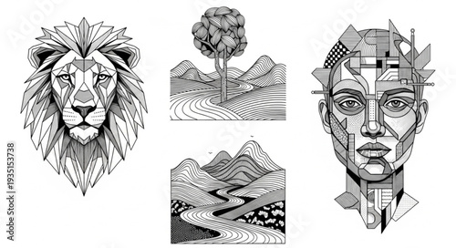 Intricate black and white illustrations showcasing diverse subjects and artistic styles.