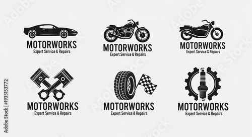 Motorworks Logo Collection Featuring Cars Motorcycles and Engines.