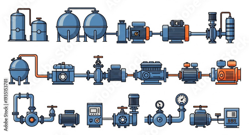 Industrial pump and pipe system illustration.