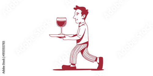 Red cartoon waiter carrying wine glass on tray  in white background