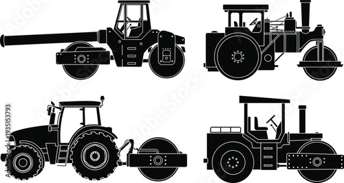 Black and white silhouette vector graphic illustration of heavy industrial road roller compactor machines for building and construction site work
