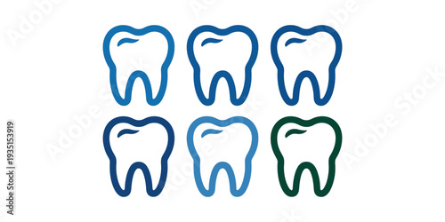 Six tooth in blue and green gradient colors teeth dental in white background