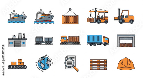 Logistics and transportation icons set for cargo and shipping industry.