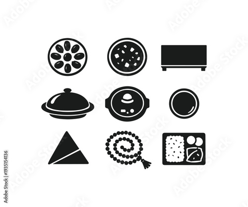 Islamic Halal Food and Ramadan Celebration Black Glyph Icon Collection