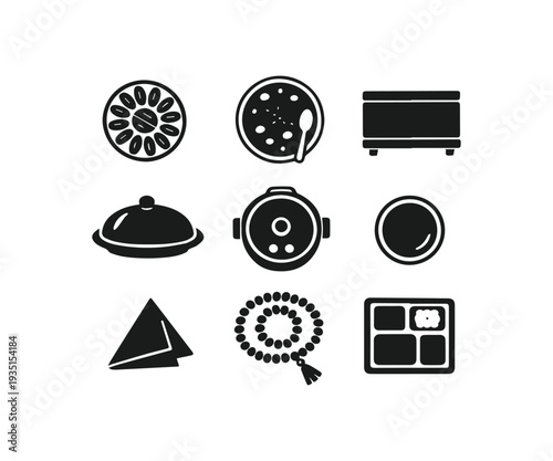 Ramadan Kareem Iftar Food And Religious Black Glyph Icon Collection