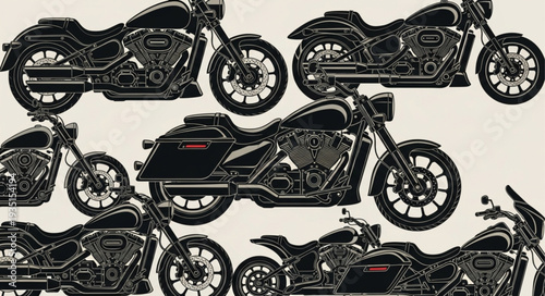Collection of Black and White Motorcycles Arranged Artistically.