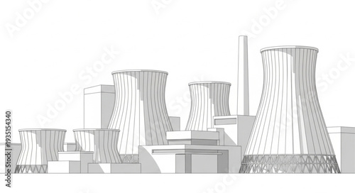 Industrial Power Plant Cooling Towers Sketch Drawing.