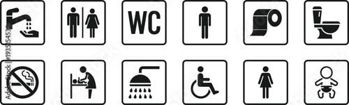 Toilet Icon Set with WC Sign, Public Washroom Symbols, Male Female Unisex Accessible Shower Baby Changing and No Smoking Pictograms Vector Illustration Collection