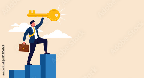 A confident businessman carrying a briefcase strides up a rising blue chart, triumphantly holding aloft a brilliant glowing golden key to symbolize unlocking new levels of professional success always