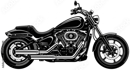 Sleek black custom motorcycle with chrome details on a white background.