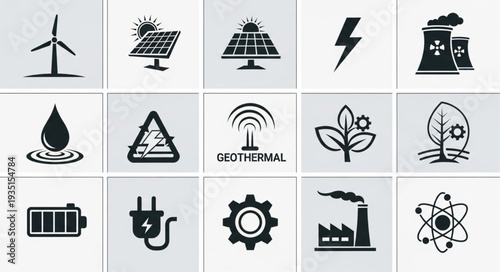 Collection of renewable and alternative energy source icons.