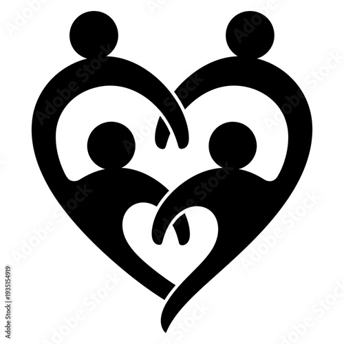 Abstract family unity icon with four human figures forming a heart shape for community support and nonprofit foundation logo design vector