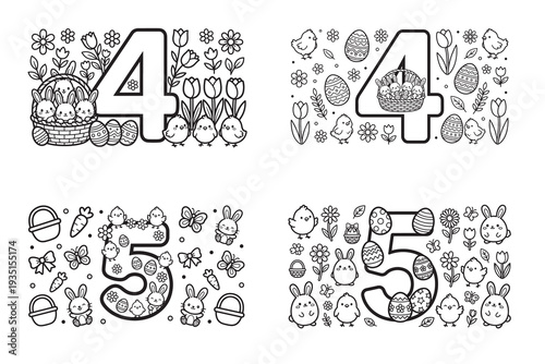 Printable easter spring number 4 and 5 coloring pages for kids with bunnies, chicks, and eggs