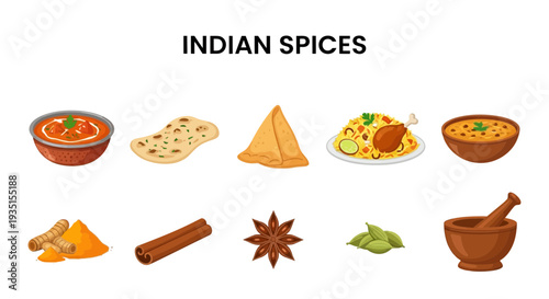 Indian food dishes and spices depicted in two rows of illustrations on a white background