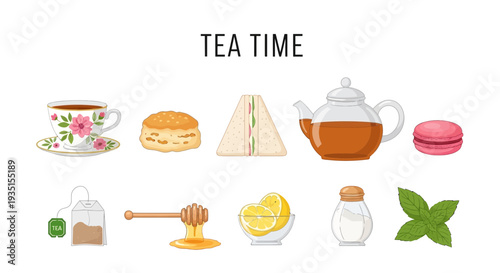 Various items for tea time displayed on a white background including beverages and snacks