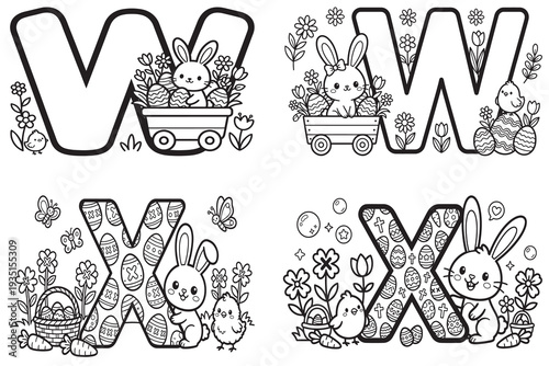 Cute easter bunny alphabet v w x coloring pages with spring flowers and eggs for kids
