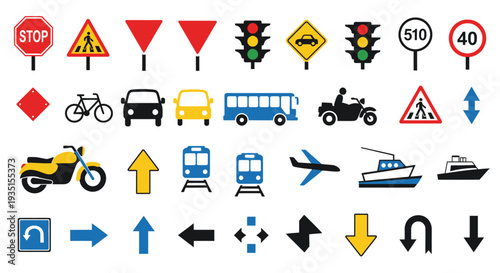Collection of transportation icons including vehicles, signs, and arrows on a plain background