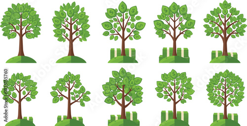 Money Tree Concept Set with Growing Cash Leaves and Stacks of Dollar Bills Cartoon Vector Illustration for Finance Investment and Wealth Growth