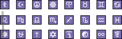 Zodiac icon set vector illustration with astrology symbol collection. Minimal flat line design featuring horoscope signs in square buttons ideal for app interface, branding, and spiritual content.