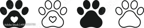 Pet Paw Icon Set with Heart Shape Dog and Cat Footprint Symbols in Solid and Outline Style Animal Care Vector Illustration Collection Isolated
