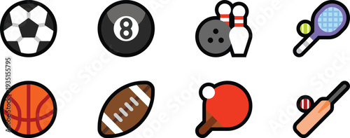 Sports icon collection vector illustration with colorful equipment symbols. Flat line style graphics featuring soccer, basketball, bowling, tennis, baseball, and more for apps, web, and branding.