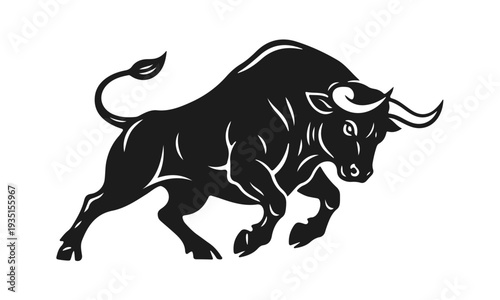 Black silhouette of a charging bull. Angry animal, wild buffalo, spanish corrida. Vector illustration
