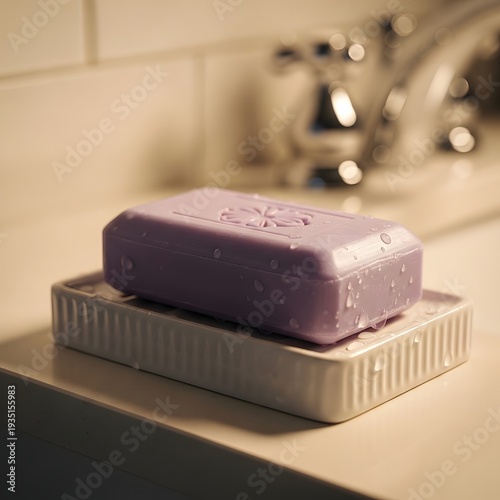 Purple bar of soap with water droplets on white ribbed soap dish purple soap lavender soap