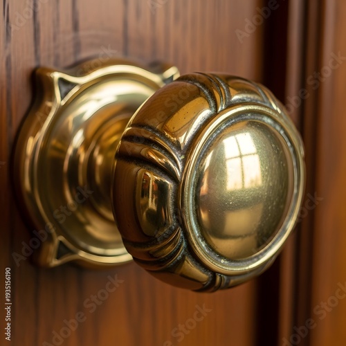 Ornate vintage brass doorknob with intricate detailing and reflections on polished wood