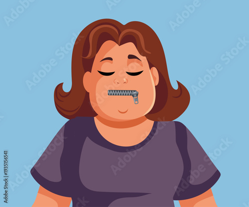 Woman With A Woman With A Zipped Mouth Silenced Concept Illustration Person using appetite suppressant weight control methods  
