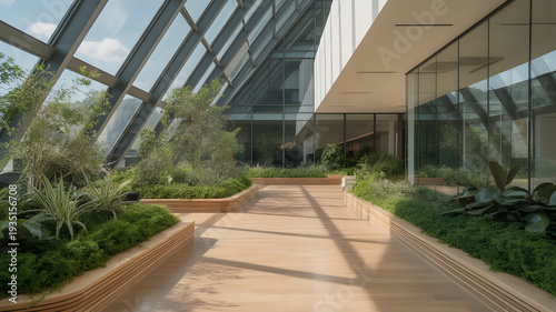 Indoor garden with wooden floor and glass ceiling, modern architecture.