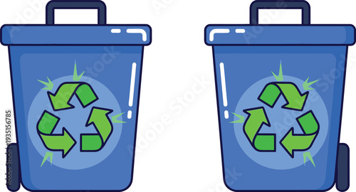 Blue recycling bin with green recycling symbol on the lid