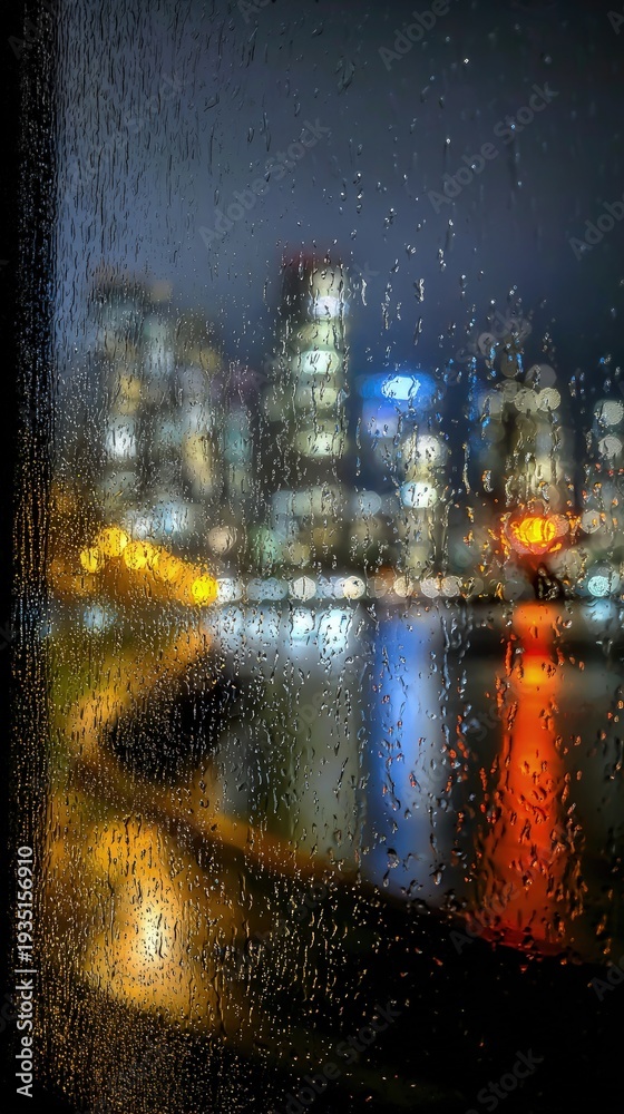 Fototapeta premium Rainy Night Cityscape Through Window