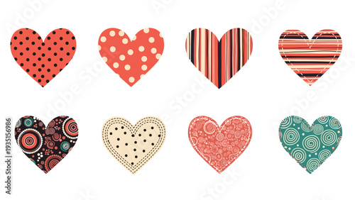 Array of eight different heart shapes each featuring a unique decorative pattern such as polka dots, stripes, or floral motifs.