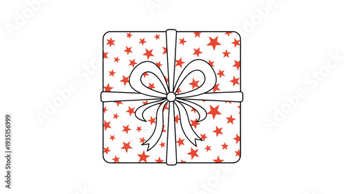 Square gift box line art illustration featuring a large ribbon bow and a festive star pattern on the wrapping paper.