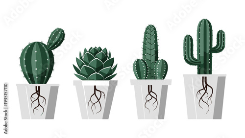 Group of four different cactus species in white pots shows their unique shapes and root systems below the surface.