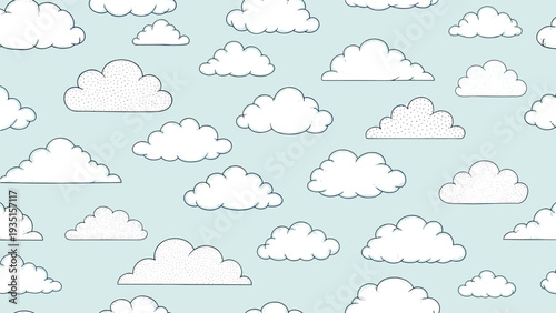 Whimsical seamless pattern displays various fluffy white clouds with stippled textures on a light blue background sky.