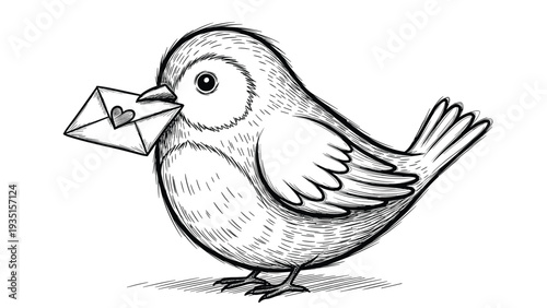 Sweet hand drawn illustration of a small bird carrying a love letter with a heart seal in its beak for a message.