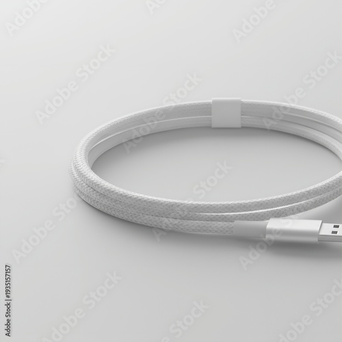 White braided USB charging cable neatly coiled with a white plastic strap on a light grey background