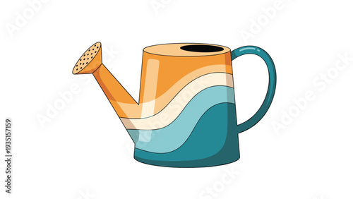 Colorful watering can with vibrant orange, cream, and teal blue wavy stripes brings a retro feel to gardening tools.