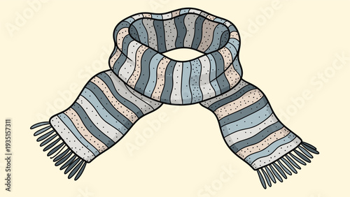 Cozy winter scarf knitted with horizontal stripes in blue, grey, and tan tones is displayed on a light beige background.