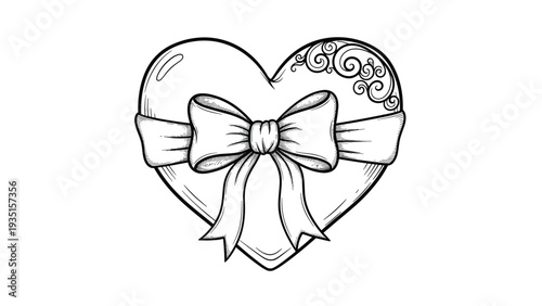 Ornate heart illustration adorned with a prominent ribbon bow across the center and delicate swirling scrollwork details on one side in line art.