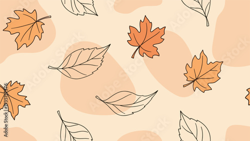 Seamless autumn pattern showing falling maple and birch leaves in warm orange and black outlines over a beige background with soft abstract blobs.