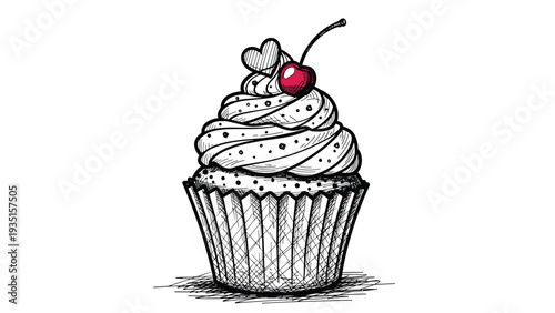 Artistic sketch of a gourmet cupcake in a pleated liner topped with a swirl of frosting, sprinkles, a small heart, and a vibrant red cherry.