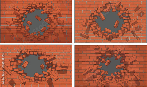 Cartoon brick wall breaking with explosive impact, flying debris, large hole destruction stages, demolition illustration symbolizing breakthrough, obstacle removal, construction collapse concept
