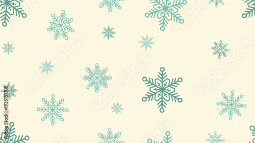 Seasonal winter pattern displaying various sizes and designs of green snowflakes scattered across a warm cream-colored background for a festive look.