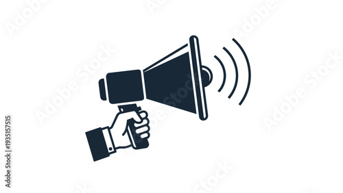 Bold black icon showing a hand firmly gripping a megaphone with radiating sound waves, symbolizing an announcement, protest, or loud message.