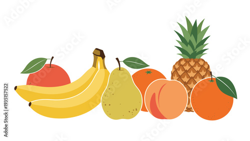 Vibrant collection of fruit illustrations including red apples, yellow bananas, a green pear, oranges, a peach, and a pineapple with a leafy top.