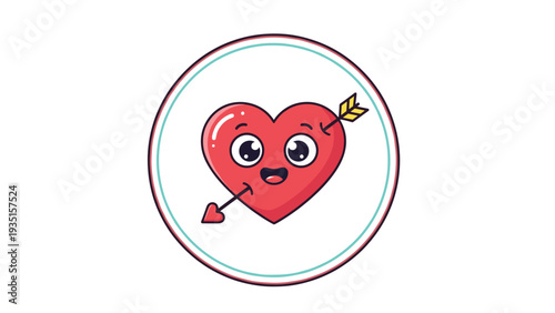 Adorable circular icon featuring a smiling red heart character with large eyes, rosy cheeks, and an arrow shot through it for valentine themes.